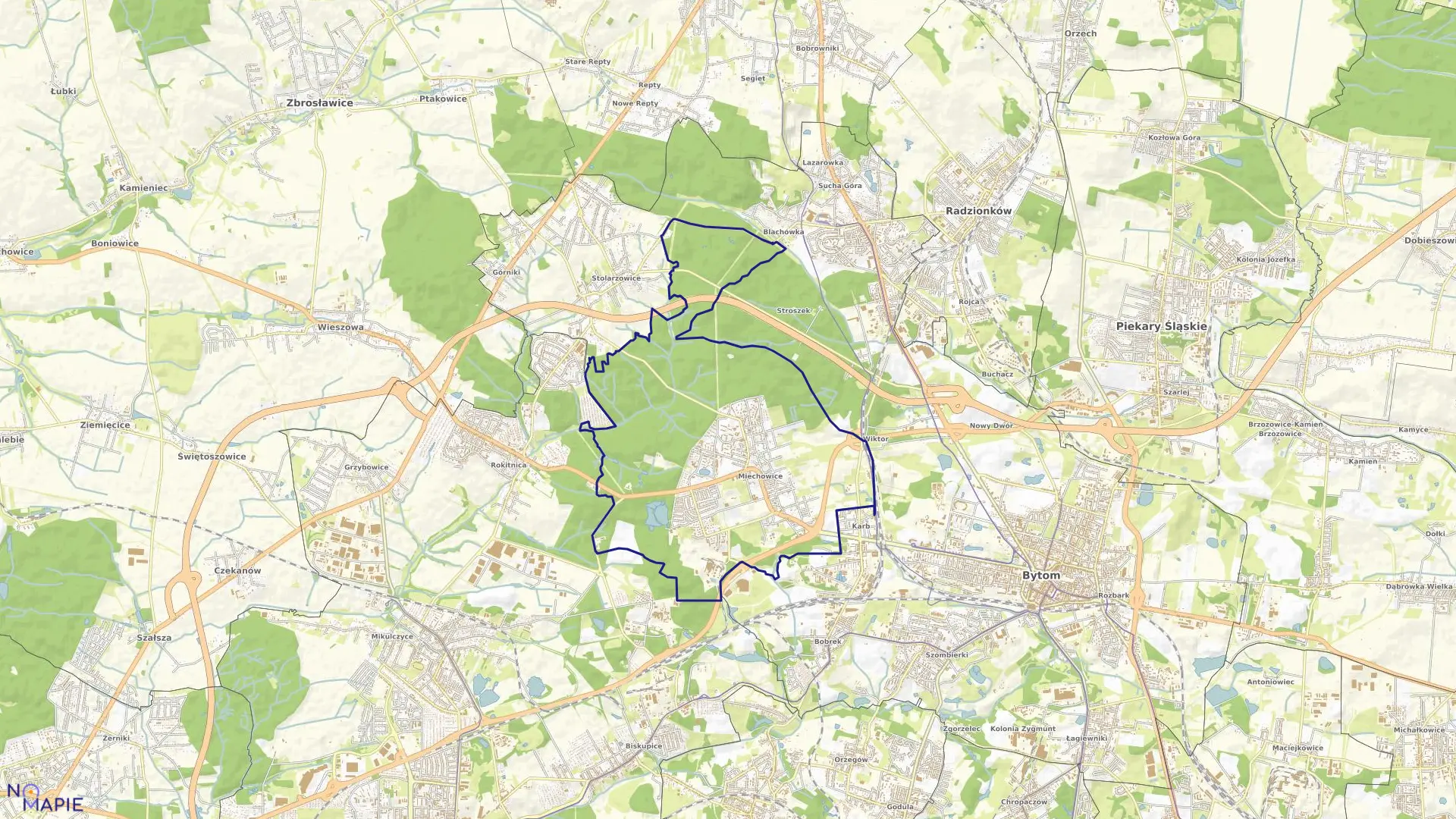 Mapa obrębu Miechowice w mieście Bytom
